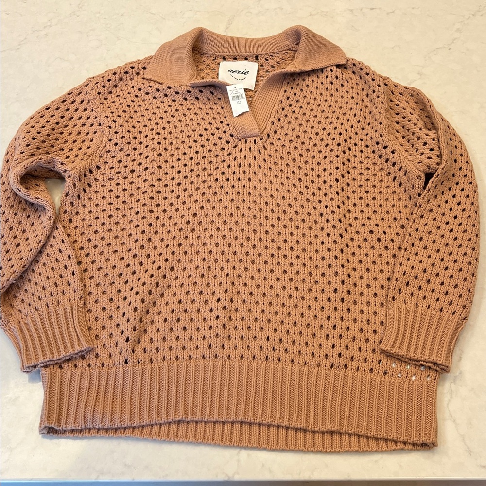 Aerie NWT Oversized Open Knit Polo‎ Sweater in Tan 100% Cotton Size Small - Picture 4 of 9
